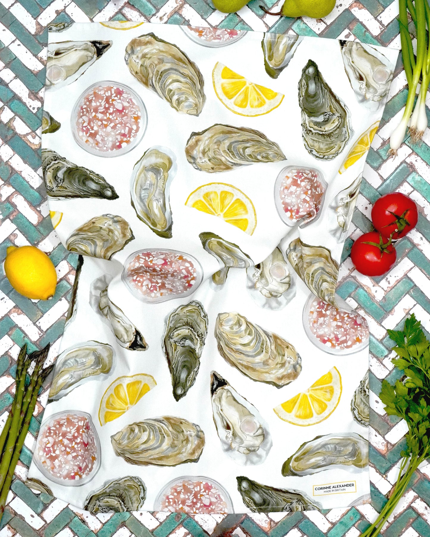 Corinne Alexander Oyster Tea Towel - British Made - 100% Cotton - Seaside