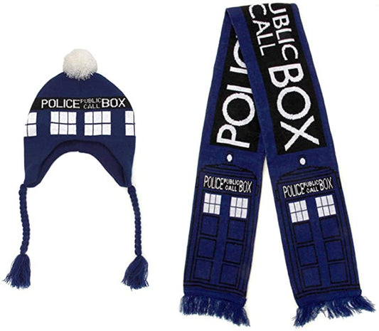 Doctor Who: TARDIS knit Scarf and Laplander Beanie Hat