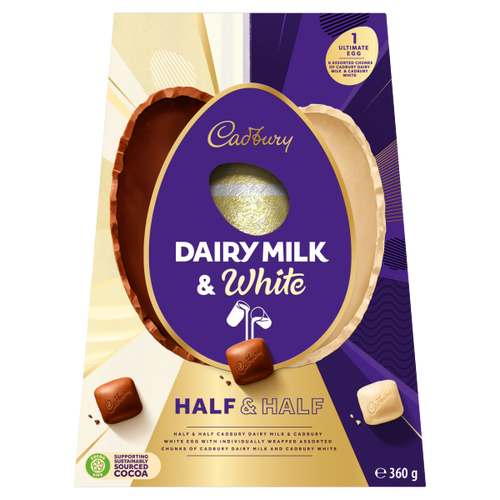 Cadbury Dairy Milk and White Half and Half Egg 360g (buy 1 get 1 free)