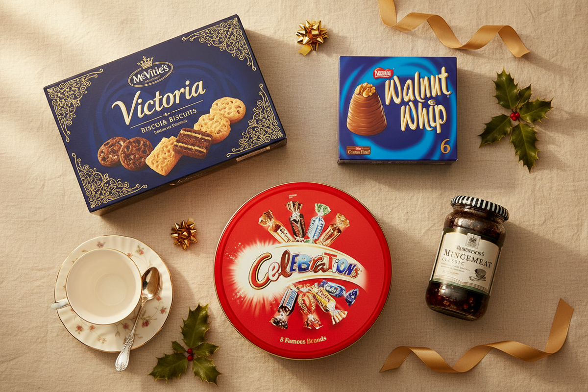 British Afternoon Tea Box Bundle hero image featuring McVitie's Victoria, Celebrations Tub, Walnut Whip and Robertson's Mincemeat