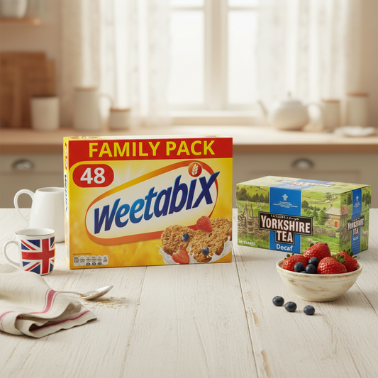 British Breakfast Box featuring Weetabix 48 Pack and Taylors Decaf 40 Tea Bags