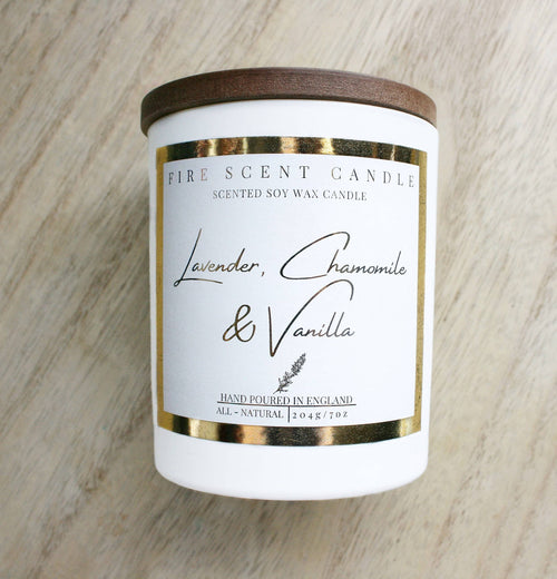 Fire Scent Candle Lavender, chamomile & vanilla scented luxury soy wax candle